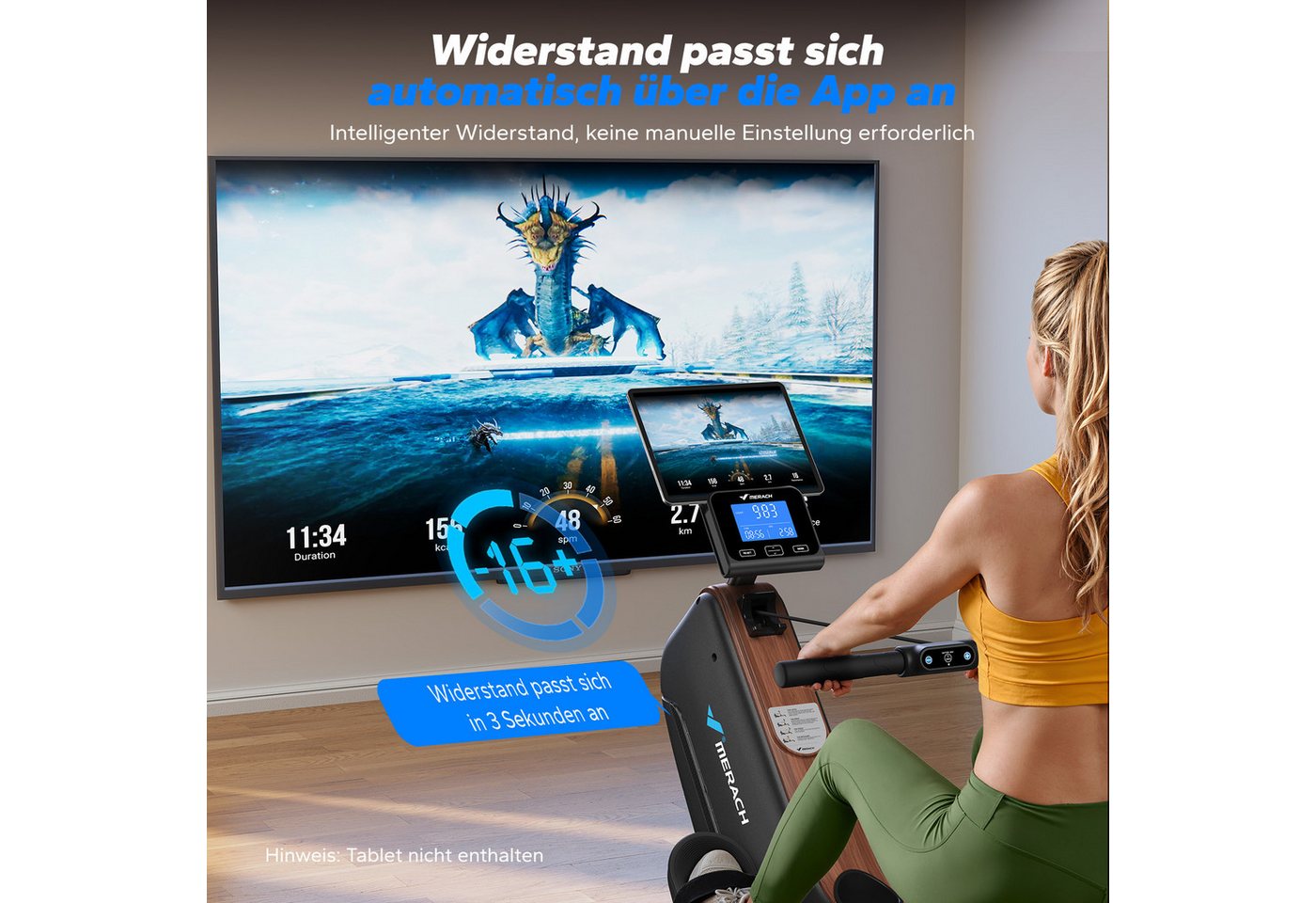 MERACH Rudergerät klappbar, Magnet-Widerstand mit verlängerter Schiene (Rudermaschine mit Bluetooth-Verbindung, faltbar, selbstbetriebes Gerät, Kompatibel mit Kinomap, Tablet- und Flaschenhalter, LCD-Anzeige), magnetischer Widerstand, einfache Montage, platzsparend, bis 158 kg Bild 3