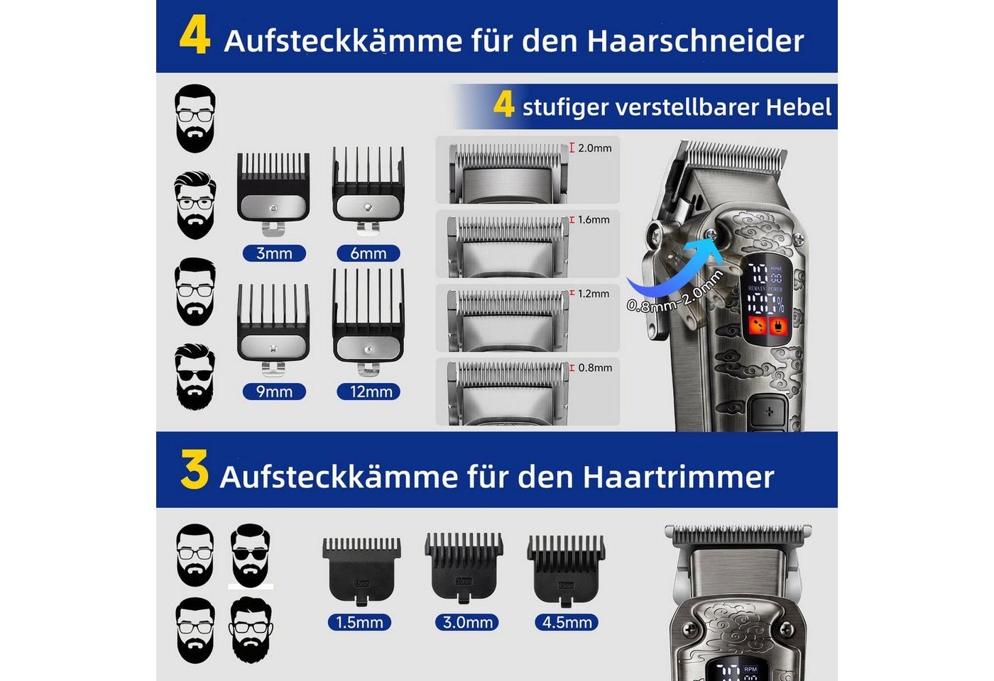 HATTEKER Haarschneider HT-862, Barttrimmer, Profi Haarschneideset, inkl. Aufbewahrungstasche