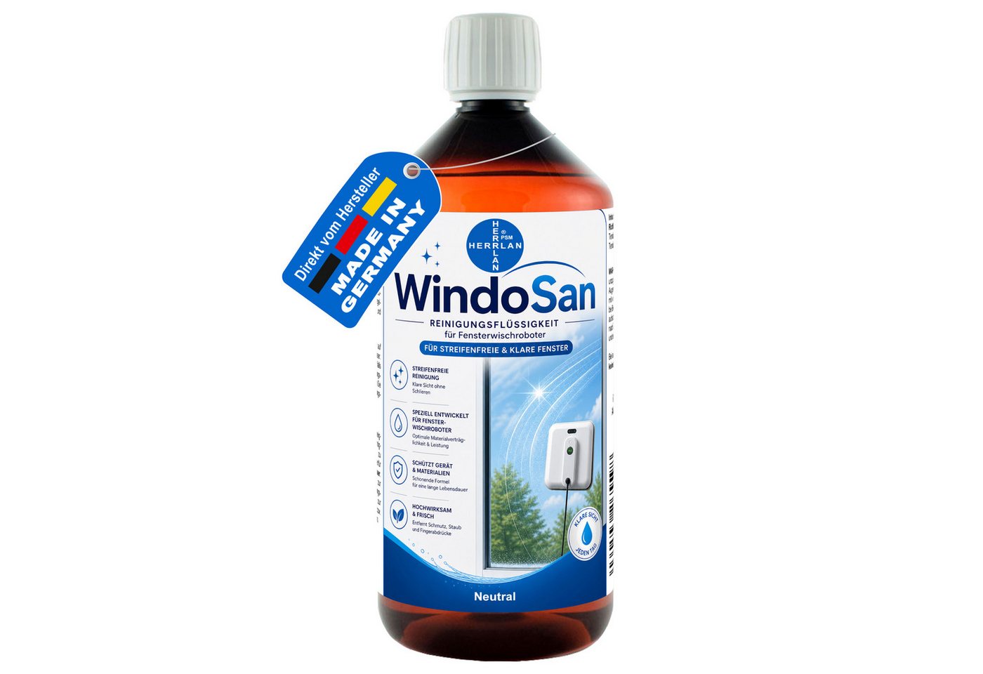 HERRLAN Fensterreiniger WindoSan Reinigungsmittel für Fensterroboter, (1000 ml ohne Duftstoffe) für alle gängigen Fensterputzroboter, Fensterwischroboter.