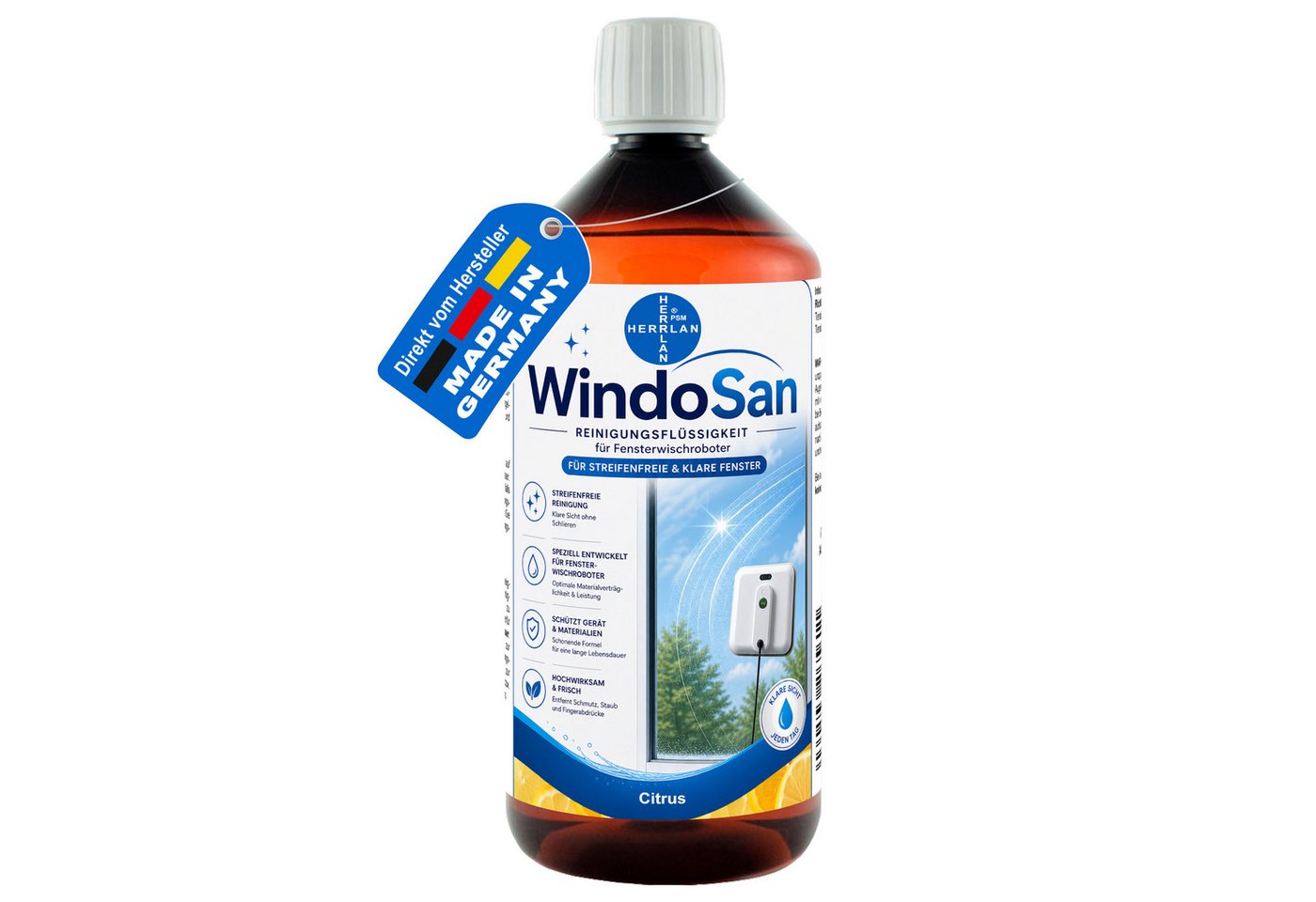 HERRLAN Fensterreiniger WindoSan Reinigungsmittel für Fensterroboter, (1000 ml Citrus) für alle gängigen Fensterputzroboter, Fensterwischroboter.