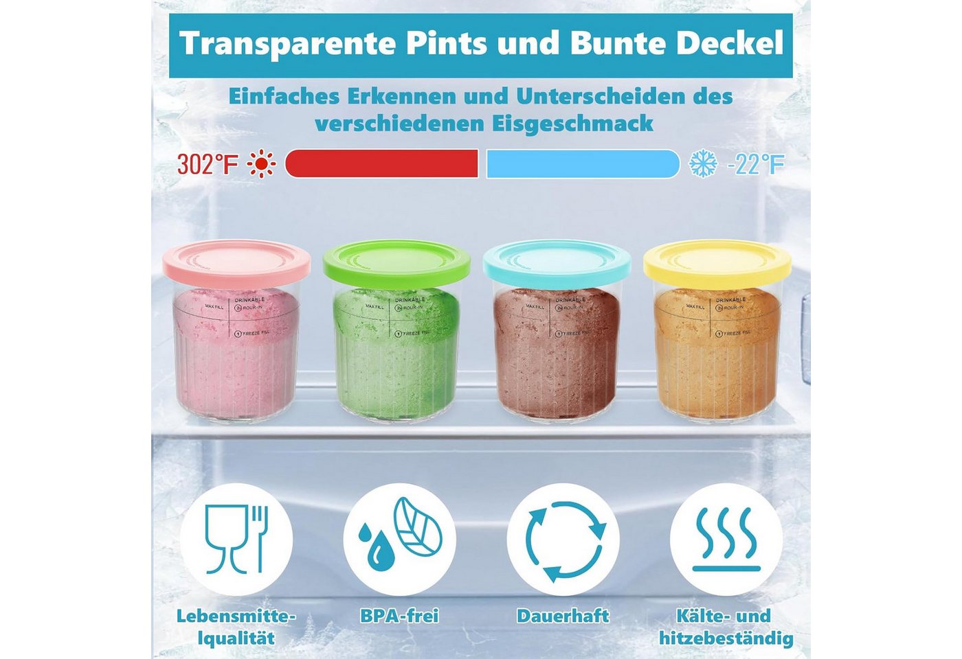 FELIXLEO Eisbereiteraufsatz Nepfaivy 4er Behälter für Ninja Creami Deluxe NC502EU NC501, BPA-frei