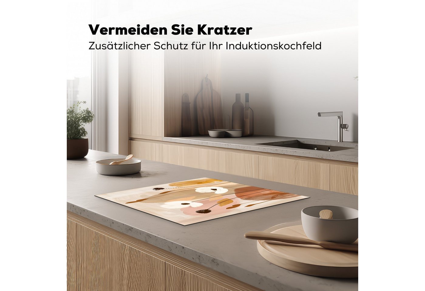 MuchoWow Herd-Abdeckplatte Beige - Blumen - Abstrakt - Kunst, Vinyl, (1 tlg), Cerankochfeld Abdeckung, Herd Abdeckplatten Vinyl, 58.3x51.3 cm