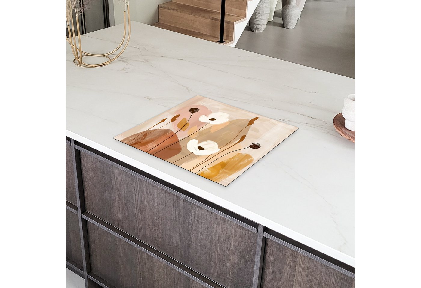 MuchoWow Herd-Abdeckplatte Beige - Blumen - Abstrakt - Kunst, Vinyl, (1 tlg), Cerankochfeld Abdeckung, Herd Abdeckplatten Vinyl, 58.3x51.3 cm Bild 4