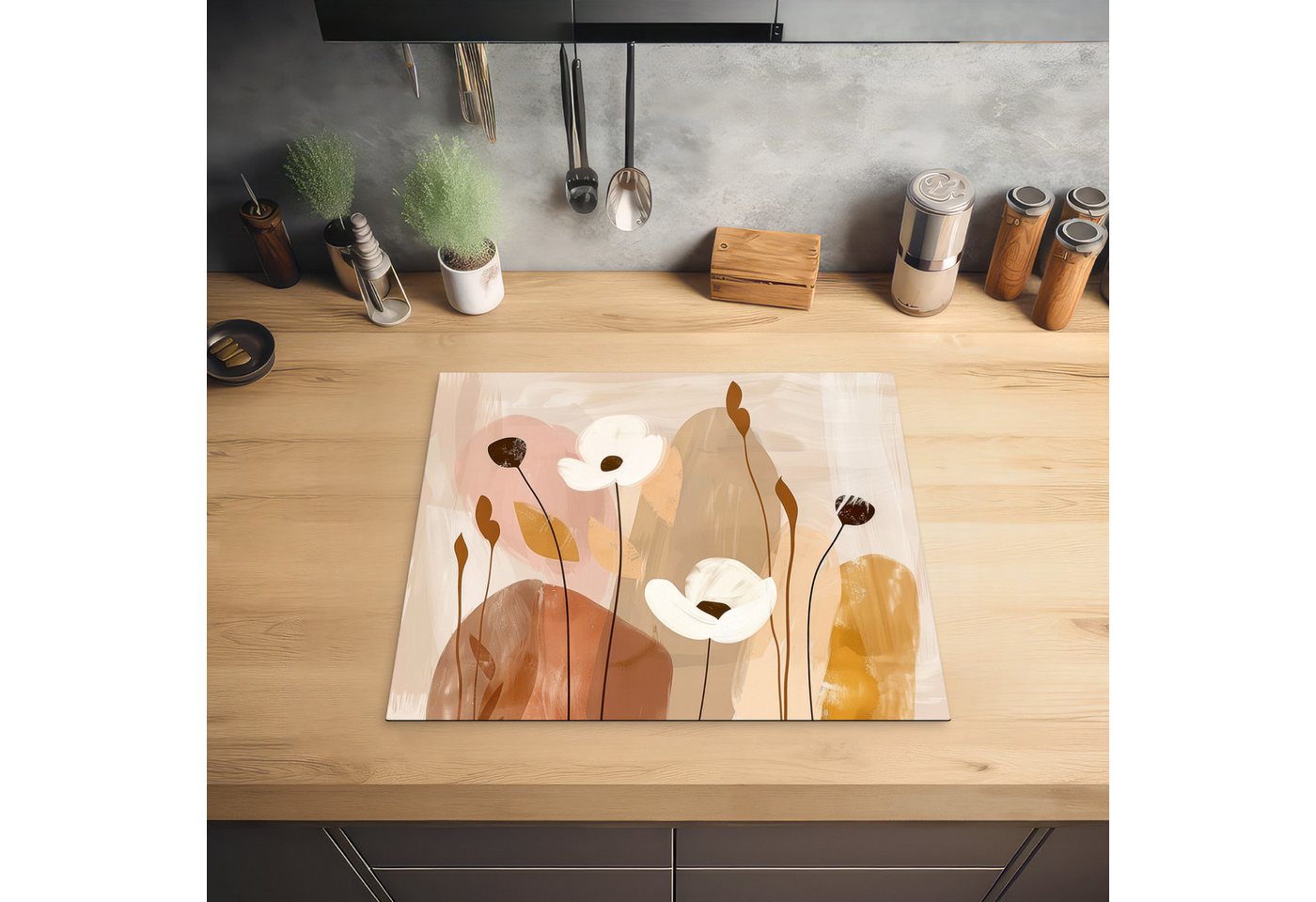 MuchoWow Herd-Abdeckplatte Beige - Blumen - Abstrakt - Kunst, Vinyl, (1 tlg), Cerankochfeld Abdeckung, Herd Abdeckplatten Vinyl, 58.3x51.3 cm Bild 5