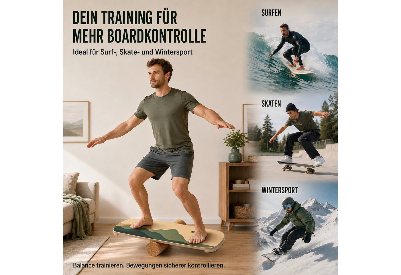 FunLife Balanceboard Design-Edition, Wackelbrett aus Birkenholz mit Korkrolle, bis 150 kg belastbar Bild 2