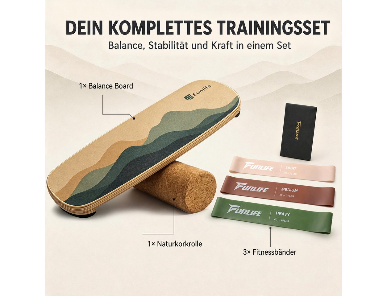 FunLife Balanceboard Design-Edition, Wackelbrett aus Birkenholz mit Korkrolle, bis 150 kg belastbar Bild 4