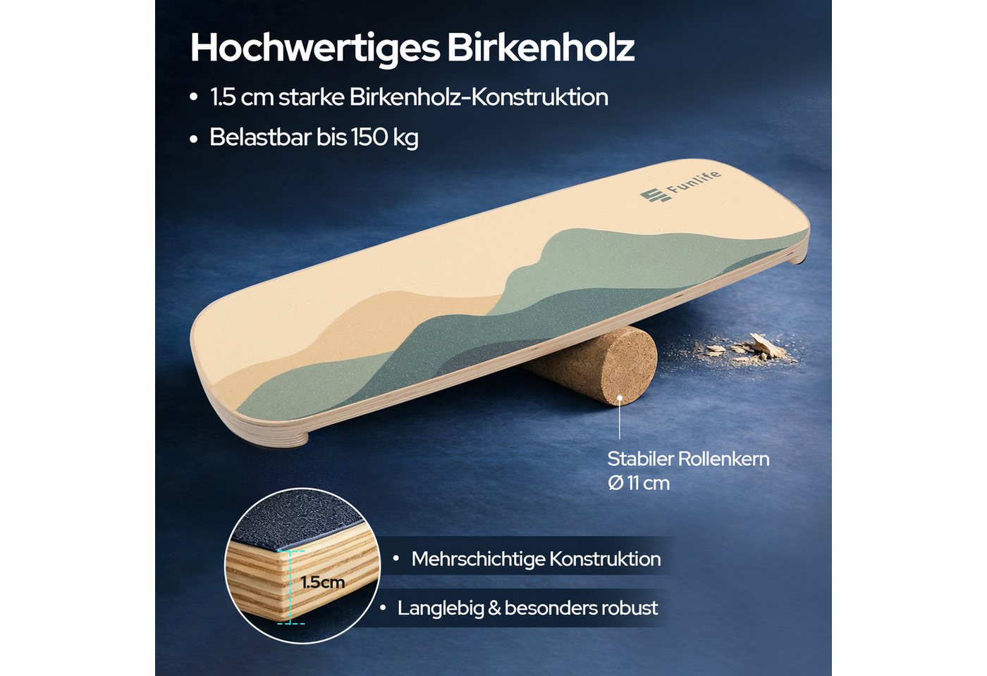FunLife Balanceboard Design-Edition, Wackelbrett aus Birkenholz mit Korkrolle, bis 150 kg belastbar Bild 5