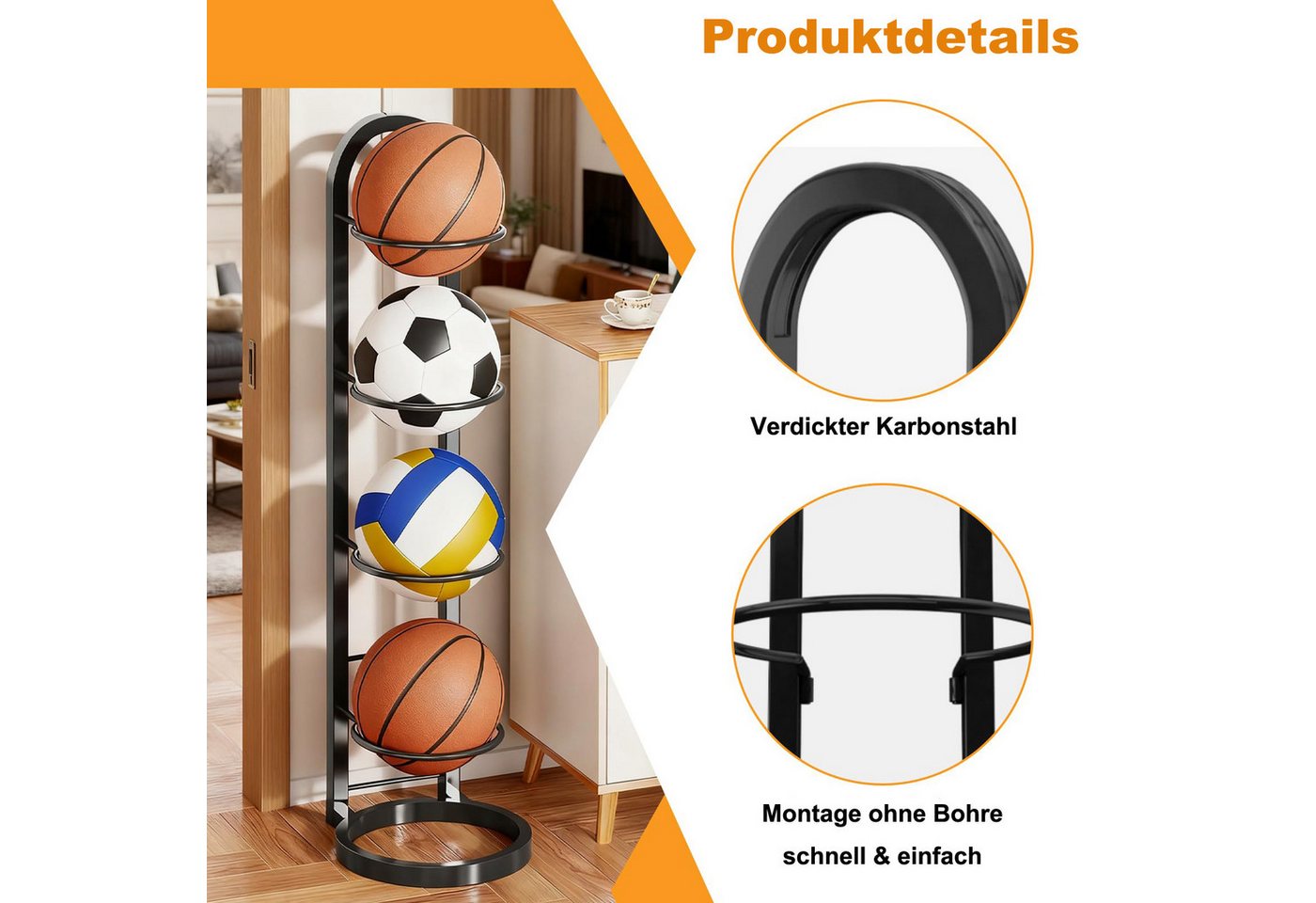 Agger Basketballständer Ballregal 4 Ebenen, Fußballständer & Volleyball Aufbewahrung (1-St), Platzsparendes Sportball Regal für Zuhause, Schule und Garage Bild 3