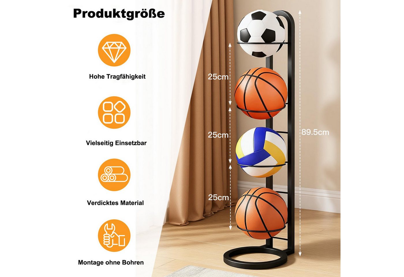 Agger Basketballständer Ballregal 4 Ebenen, Fußballständer & Volleyball Aufbewahrung (1-St), Platzsparendes Sportball Regal für Zuhause, Schule und Garage Bild 5