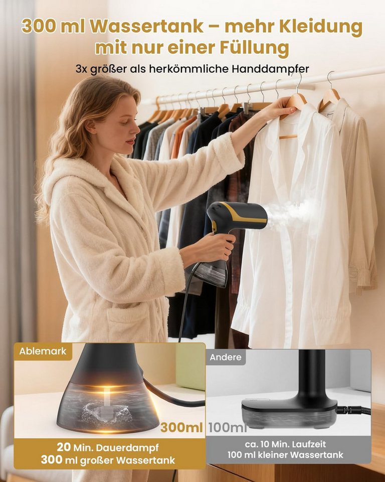 TUWENA Dampfbügelstation Dampfglätter 15s Schnelles Aufheizen, Tragbarer Dampfbügler Handgerät, 300ml Wassertank, Auto-Abschaltung, für alle Stoffe, geruchsentfernend Bild 4