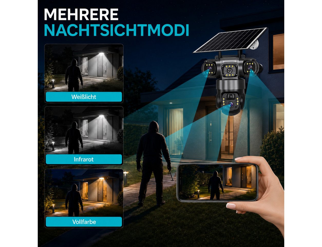 HS.SUPPLY Überwachungskamera Solar Überwachungskamera Außen WLAN PTZ 15MP 3-Linsen IP66 (Innenbereich, Außenbereich, Komplett-Set, Direkt einsatzbereit, Drei Objektive, Solarstromversorgung, PIR-Personenerkennung)