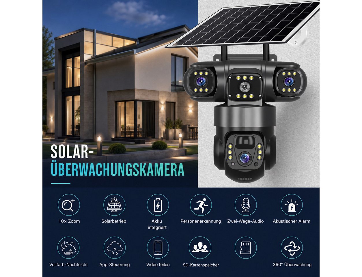 HS.SUPPLY Überwachungskamera Solar Überwachungskamera Außen WLAN PTZ 15MP 3-Linsen IP66 (Innenbereich, Außenbereich, Komplett-Set, Direkt einsatzbereit, Drei Objektive, Solarstromversorgung, PIR-Personenerkennung) Bild 2