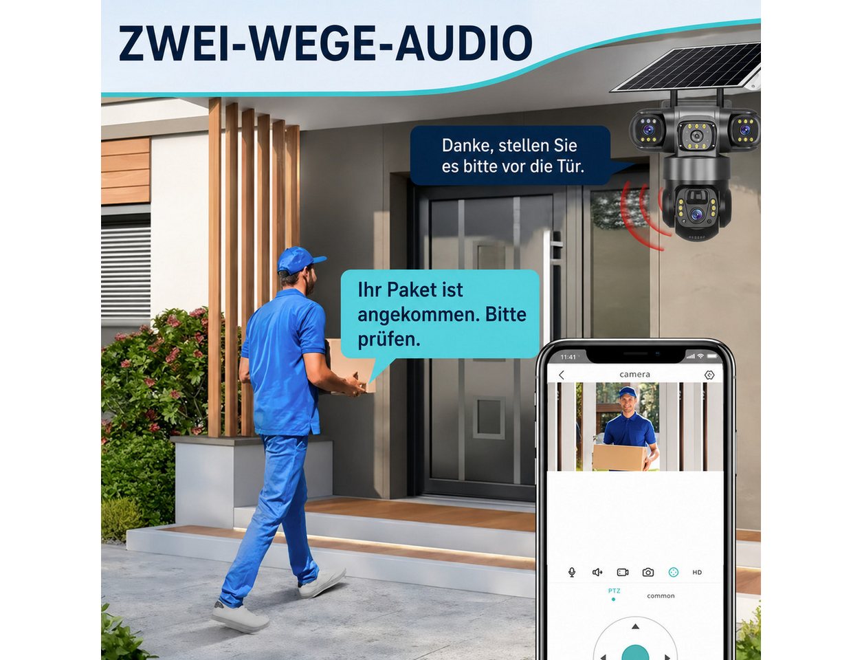 HS.SUPPLY Überwachungskamera Solar Überwachungskamera Außen WLAN PTZ 15MP 3-Linsen IP66 (Innenbereich, Außenbereich, Komplett-Set, Direkt einsatzbereit, Drei Objektive, Solarstromversorgung, PIR-Personenerkennung) Bild 3