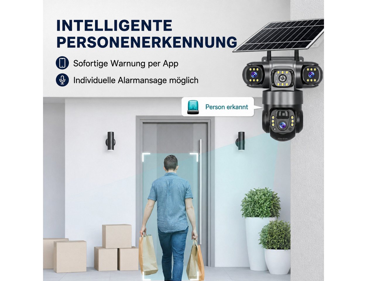 HS.SUPPLY Überwachungskamera Solar Überwachungskamera Außen WLAN PTZ 15MP 3-Linsen IP66 (Innenbereich, Außenbereich, Komplett-Set, Direkt einsatzbereit, Drei Objektive, Solarstromversorgung, PIR-Personenerkennung) Bild 4