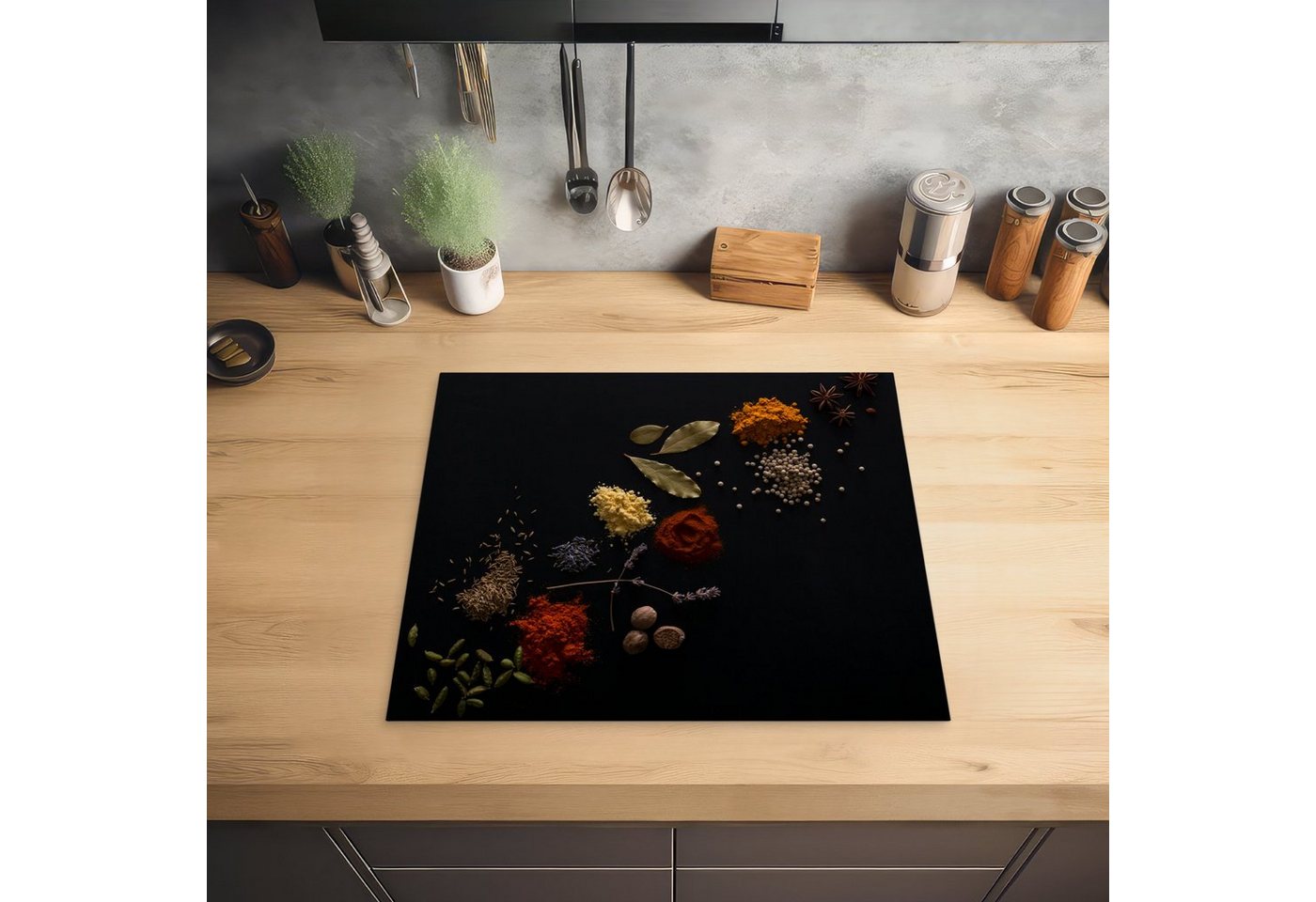 MuchoWow Herd-Abdeckplatte Kräuter - Schwarz - Gewürze - Küche - Kochen, Vinyl, (1 tlg), Ceranfeldabdeckung Küche, Herdabdeckplatte Einteilig, 60x52 cm Bild 3