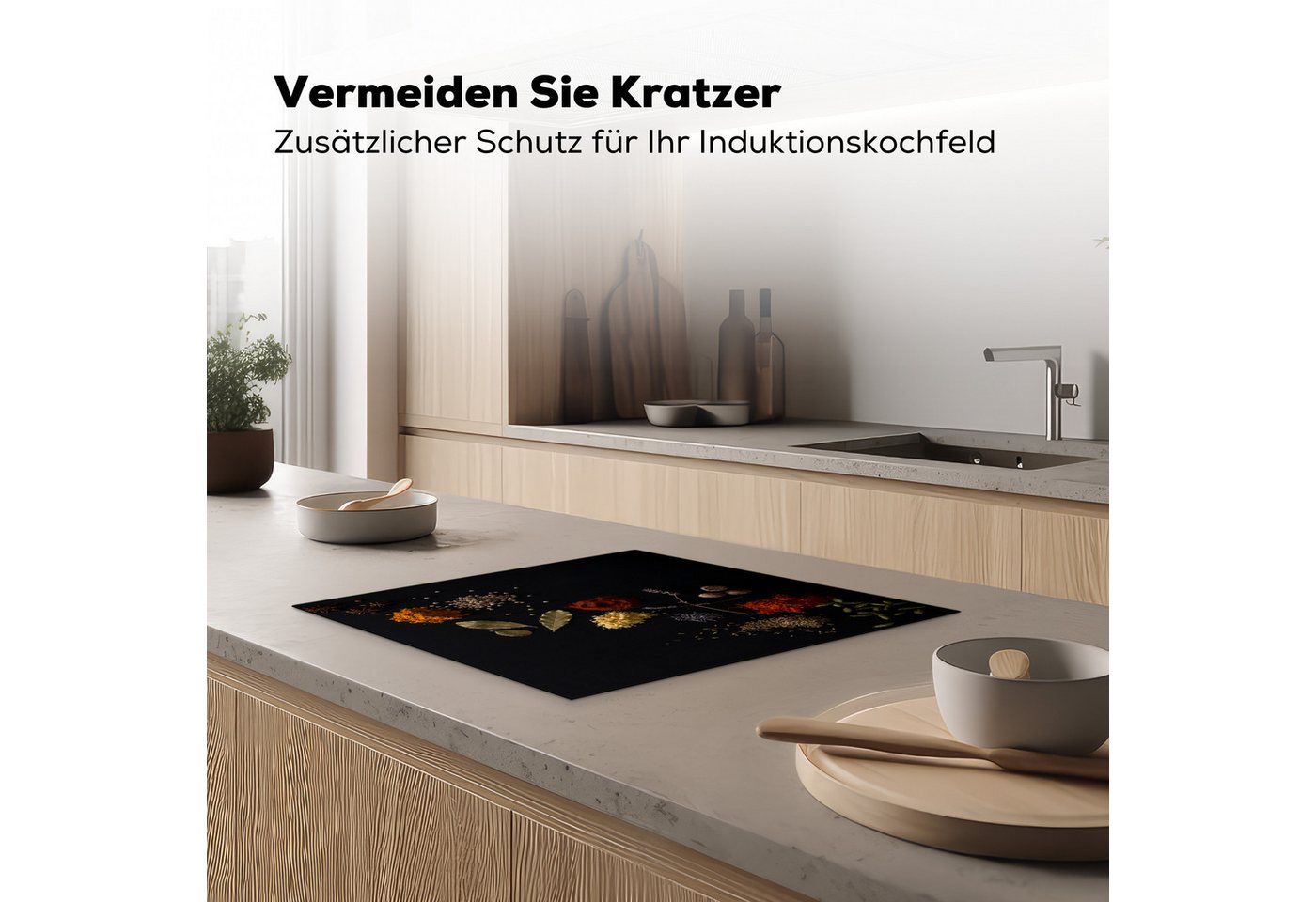 MuchoWow Herd-Abdeckplatte Kräuter - Schwarz - Gewürze - Küche - Kochen, Vinyl, (1 tlg), Ceranfeldabdeckung Küche, Herdabdeckplatte Einteilig, 60x52 cm Bild 5