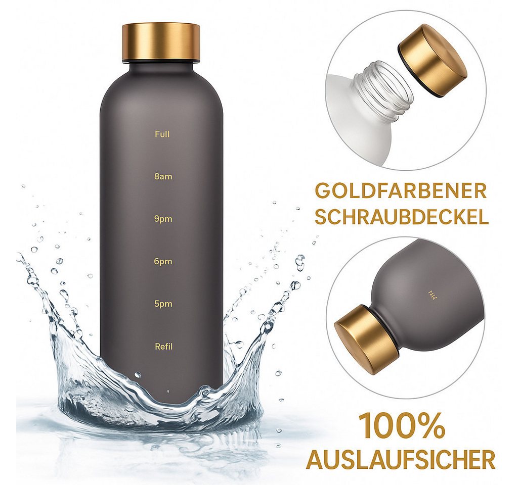 Botells Trinkflasche Wasserflasche 1Liter, Tageszeit-Skala, leicht auslaufsicher, edel, Kohlensäure geeignet, Schule, Beruf, Sport, Freizeit Bild 2