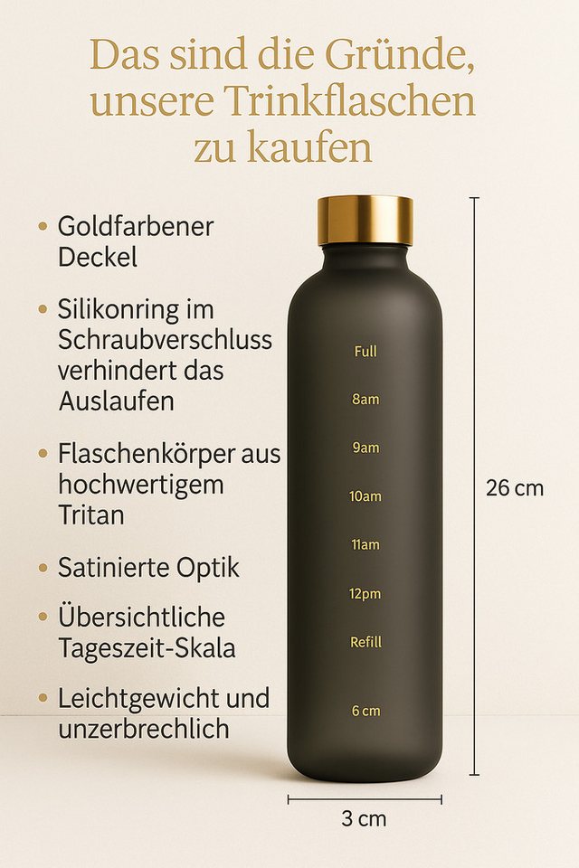 Botells Trinkflasche Wasserflasche 1Liter, Tageszeit-Skala, leicht auslaufsicher, edel, Kohlensäure geeignet, Schule, Beruf, Sport, Freizeit Bild 3