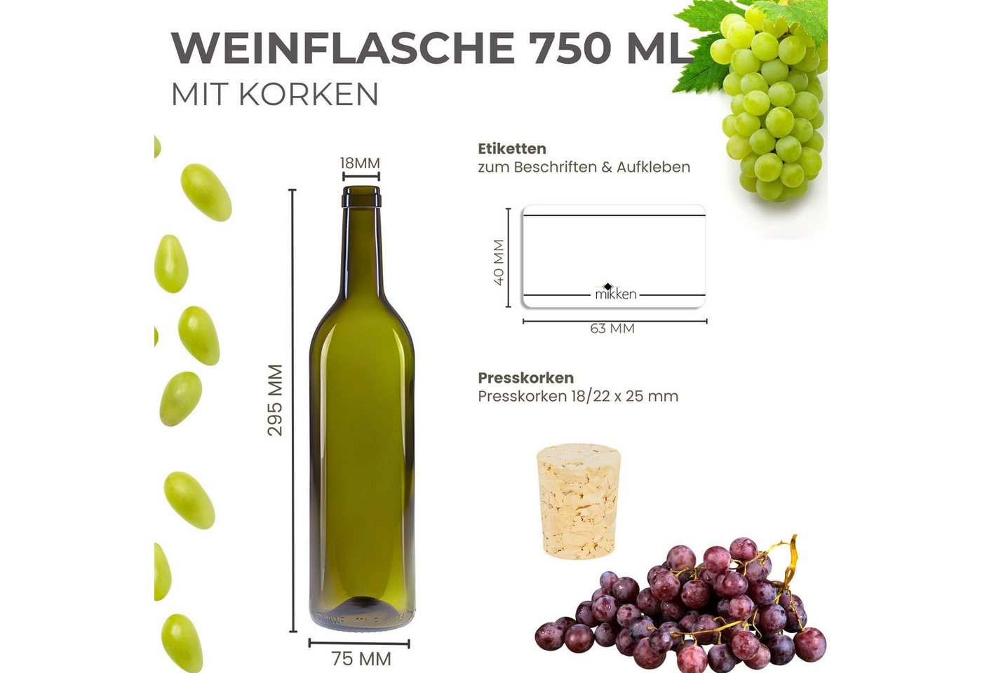 mikken Trinkflasche 20x Weinflasche 750 ml Glasflasche grün mit Korken, UV-Schutz