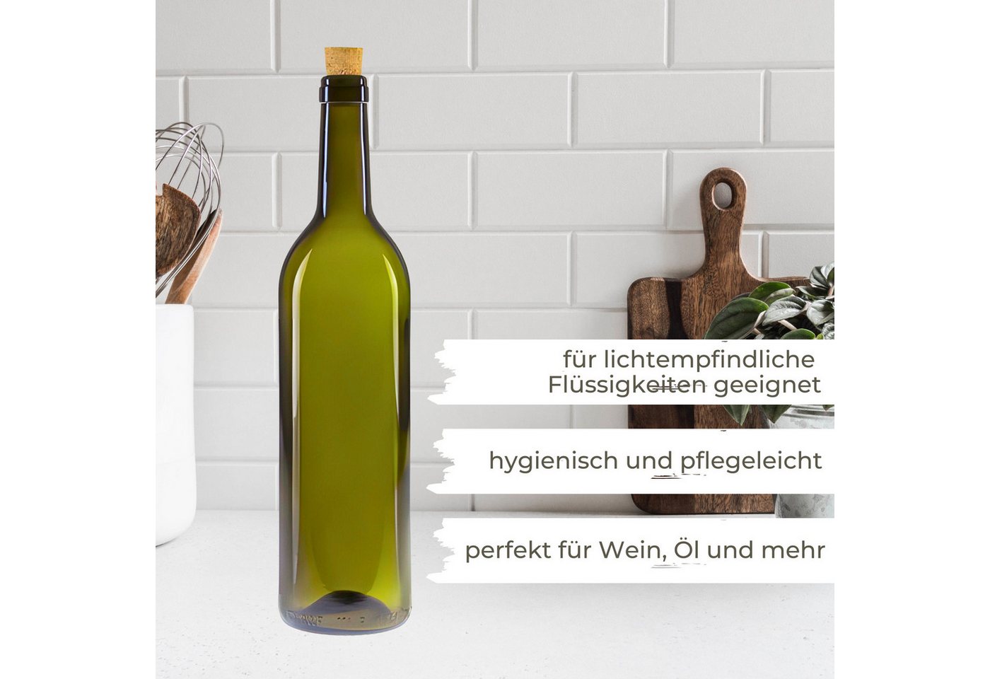 mikken Trinkflasche 20x Weinflasche 750 ml Glasflasche grün mit Korken, UV-Schutz Bild 3