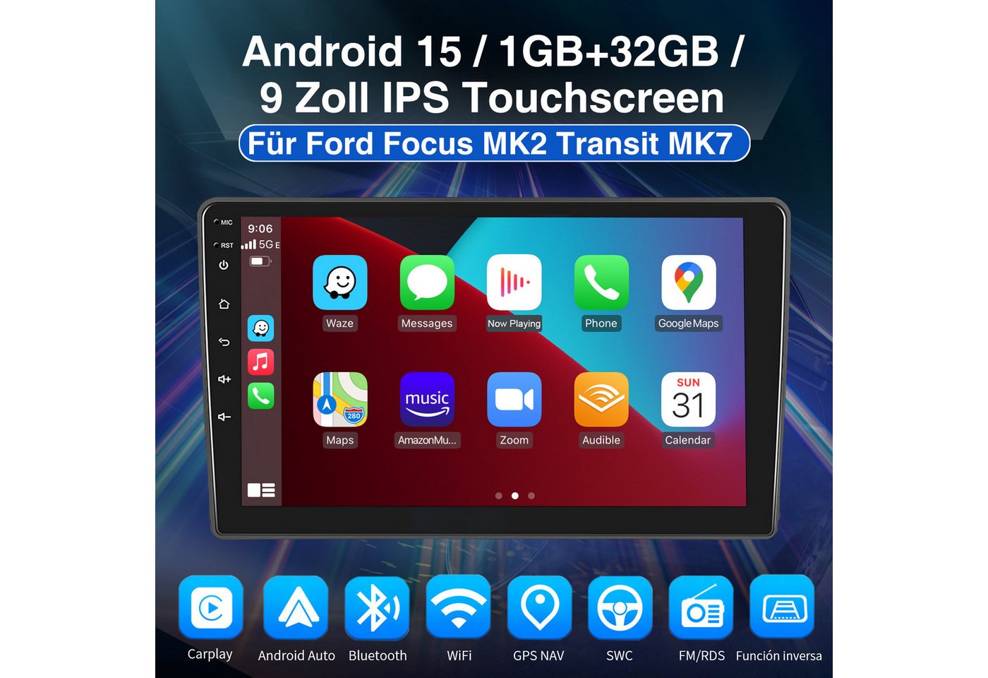 ESSGOO Android 15 Carplay Für Ford Focus Mk2 Transit C/S-MAX Galaxy Kuga 2DIN Autoradio (RDS, BT, 4+64GB(optional), Digitalradio (DAB), FM, GPS, Apple Carplay Android Auto GPS Navi WIFI BT 4.1 EQ RDS SWC) Bild 2