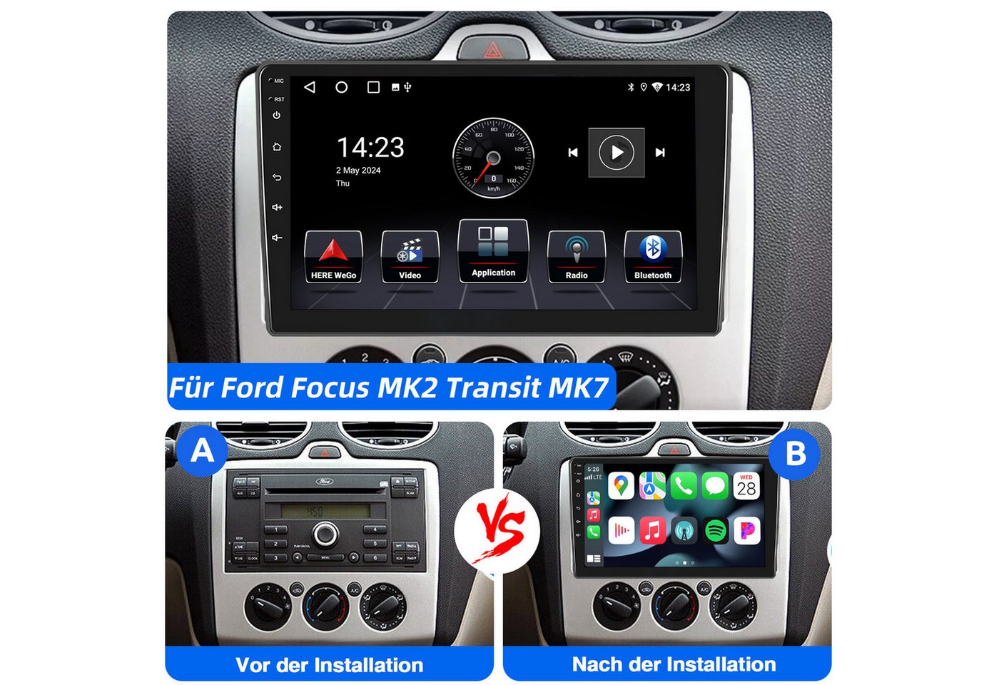 ESSGOO Android 15 Carplay Für Ford Focus Mk2 Transit C/S-MAX Galaxy Kuga 2DIN Autoradio (RDS, BT, 4+64GB(optional), Digitalradio (DAB), FM, GPS, Apple Carplay Android Auto GPS Navi WIFI BT 4.1 EQ RDS SWC) Bild 3