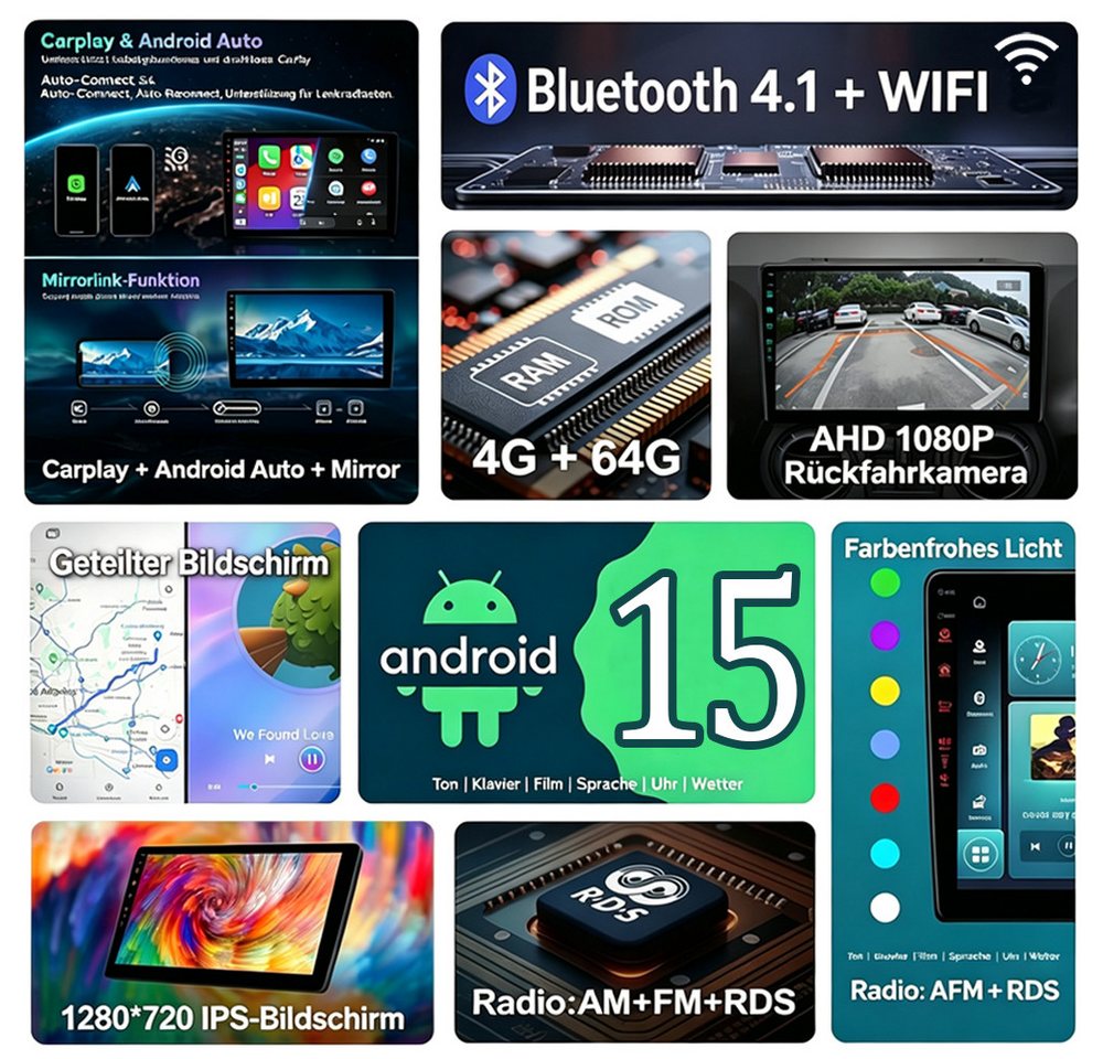 ESSGOO Android 15 Carplay Für Ford Focus Mk2 Transit C/S-MAX Galaxy Kuga 2DIN Autoradio (RDS, BT, 4+64GB(optional), Digitalradio (DAB), FM, GPS, Apple Carplay Android Auto GPS Navi WIFI BT 4.1 EQ RDS SWC) Bild 4