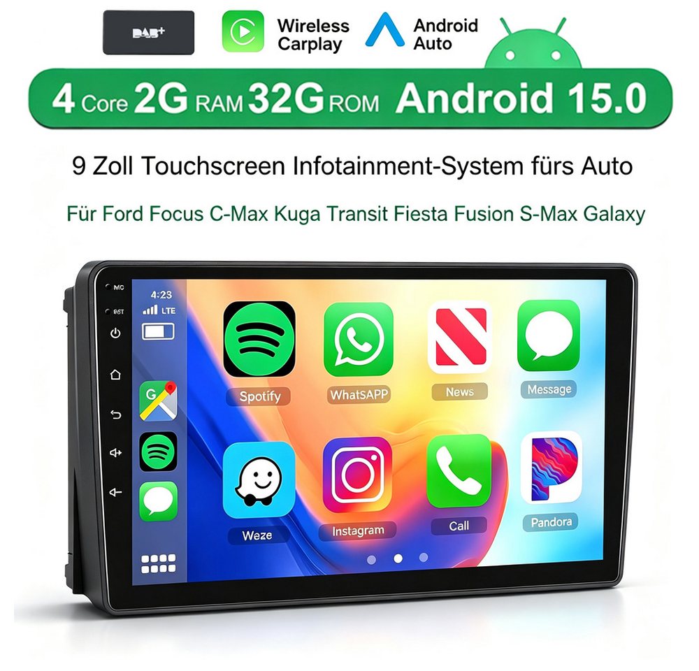 ESSGOO Android 15 Carplay Für Ford Focus Mk2 Transit C/S-MAX Galaxy Kuga 2DIN Autoradio (RDS, BT, 4+64GB(optional), Digitalradio (DAB), FM, GPS, Apple Carplay Android Auto GPS Navi WIFI BT 4.1 EQ RDS SWC) Bild 5