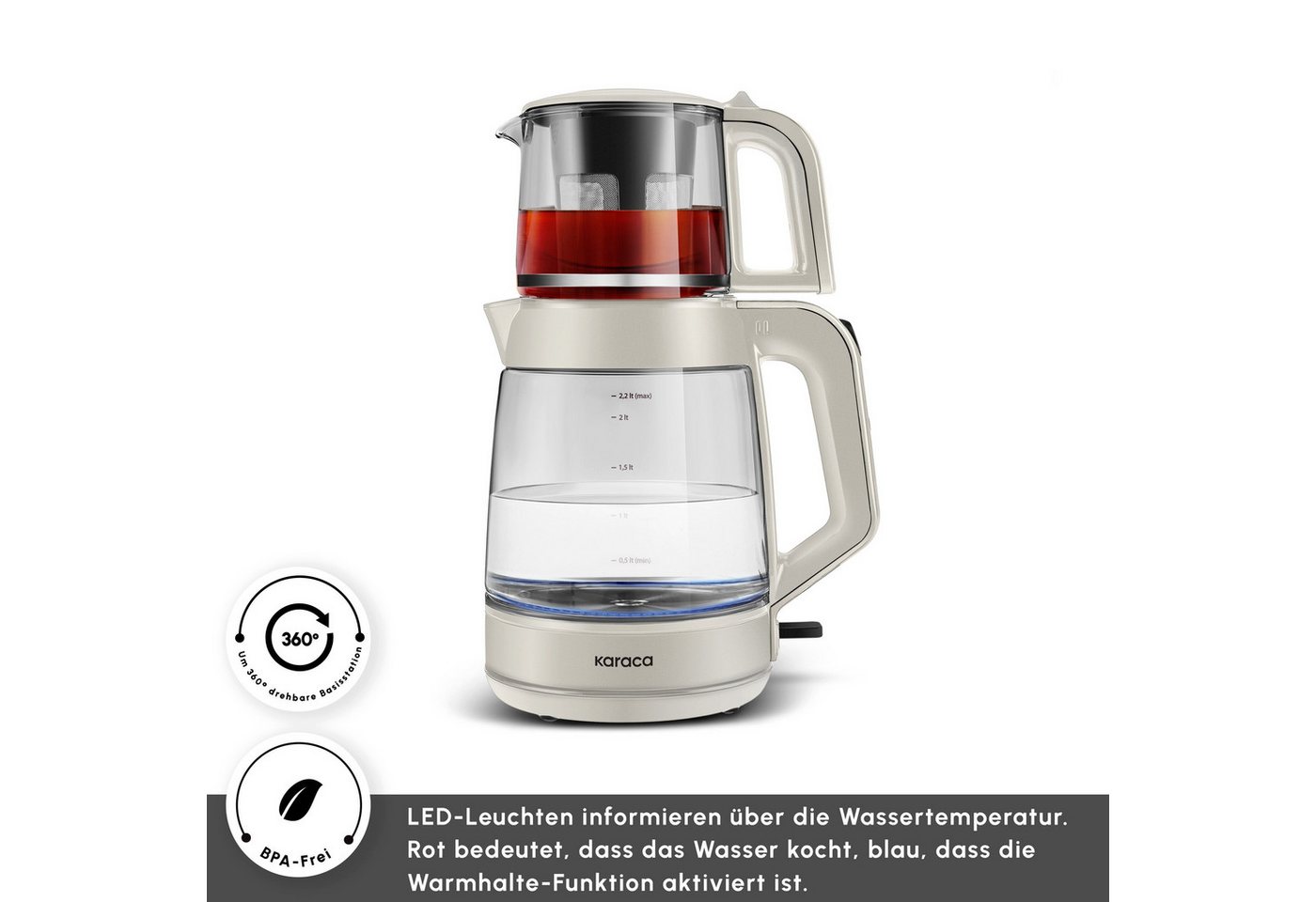 Karaca Wasser-/Teekocher Karaca Glass Tea XL 2in1 Glas-Teezubereiter Wasserkocher Starlight