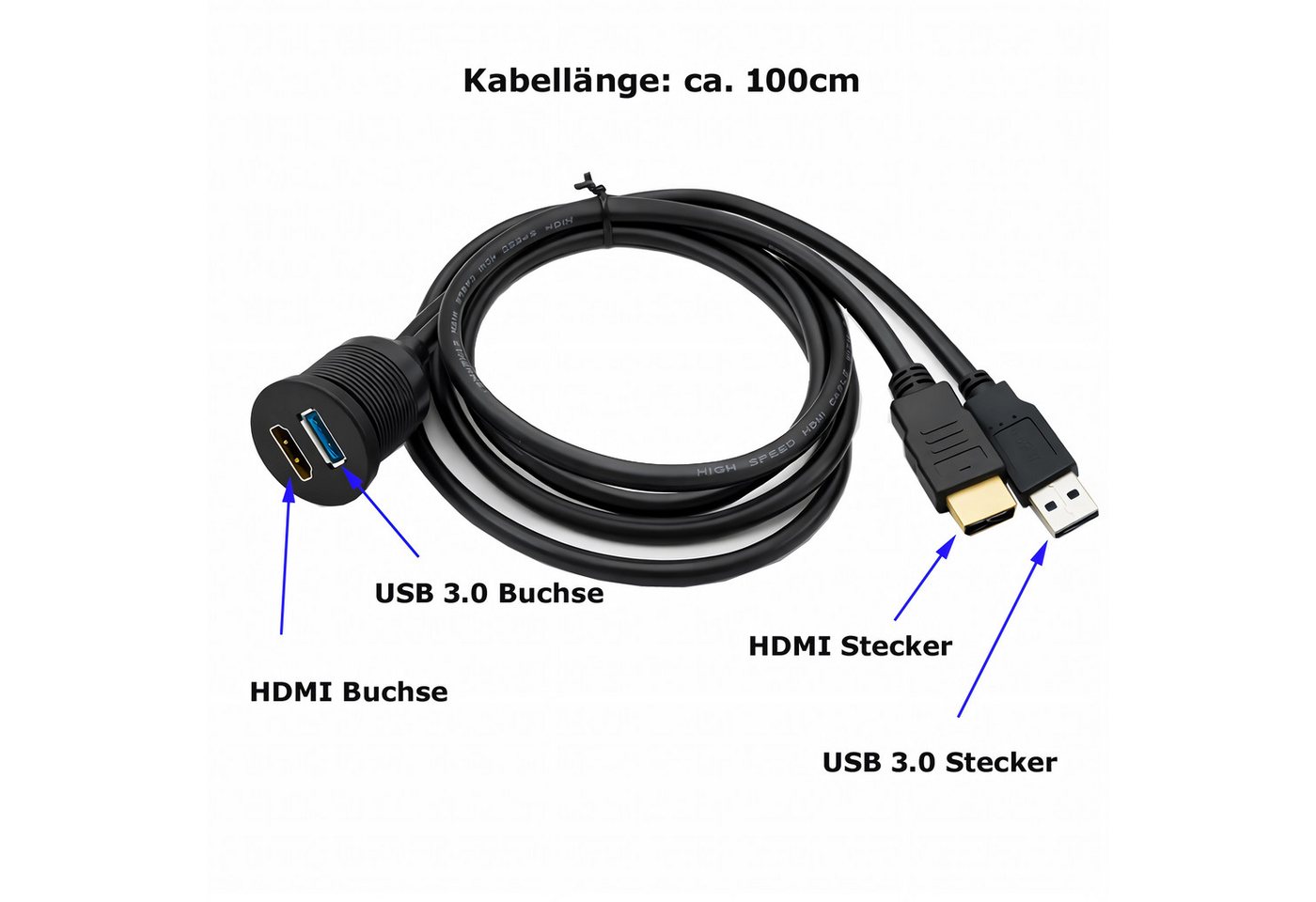 Bolwins L38C USB 3.0 A + HDMI Verlängerung Panel-Mount 1m Kabel Armaturenbrett HDMI-Kabel, USB 3.0 A + HDMI, USB 3.0 + HDMI (100 cm), 2-in-1 Kombikabel – USB 3.0 A und HDMI in einem einzigen Einbaukabel Bild 2