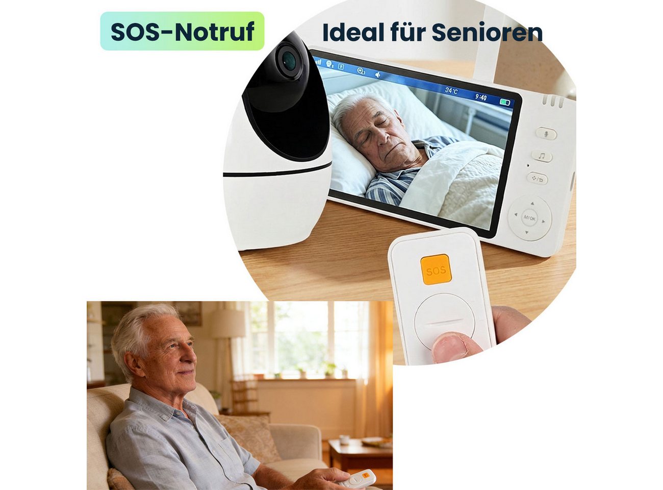 shop'n smile ideoon Überwachungskamera HD Kamera mit Monitor: SOS-Funk, Nachtsicht & Gegensprechen (Kamera Auflösung: 1280 x 720 Pixel) Bild 2