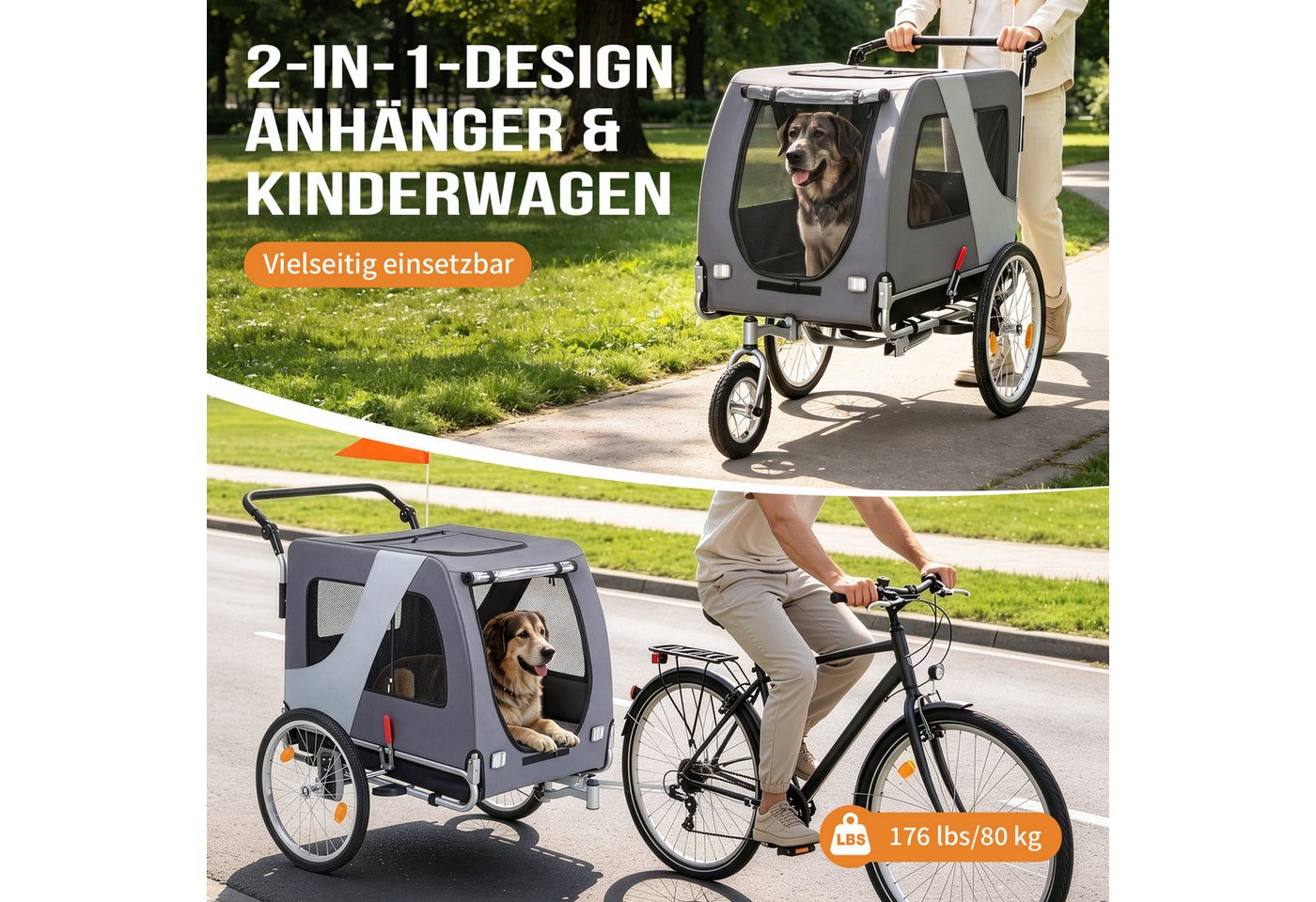 LALAHO Fahrradhundeanhänger Fahrradanhänger 2-in-1 klappbar 3-fach verstellbarer Griff & 360°, 144 cm × 72 cm × 78 cm Hundefahrradanhänger 60 kg Traglast Bild 2