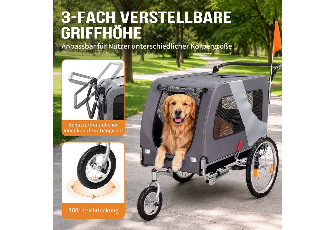LALAHO Fahrradhundeanhänger Fahrradanhänger 2-in-1 klappbar 3-fach verstellbarer Griff & 360°, 144 cm × 72 cm × 78 cm Hundefahrradanhänger 60 kg Traglast Bild 4