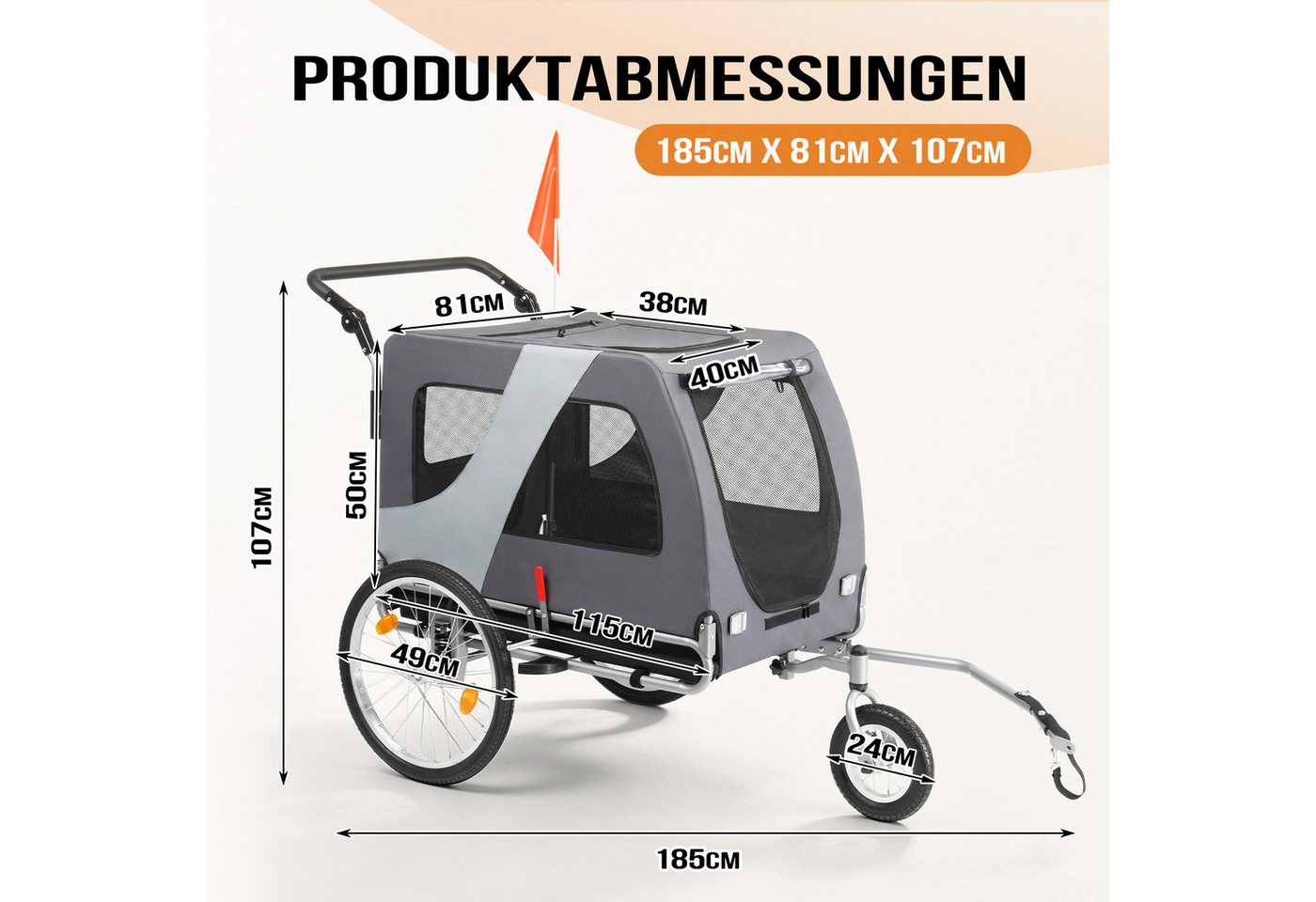 LALAHO Fahrradhundeanhänger Fahrradanhänger 2-in-1 klappbar 3-fach verstellbarer Griff & 360°, 144 cm × 72 cm × 78 cm Hundefahrradanhänger 60 kg Traglast Bild 5