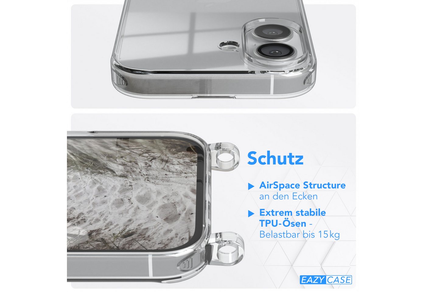 EAZY CASE Handykette Silikon Kette Unifarbe für Apple iPhone 16 6,1 Zoll, Schutzhülle zum Umhängen Hülle mit Umhängeband Kettenhülle Grau Taupe