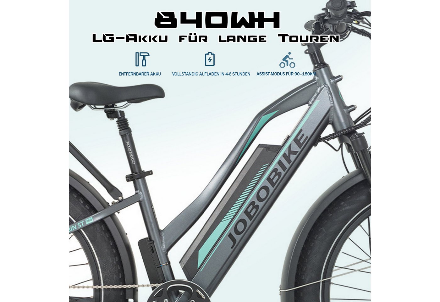 JOBOBIKE E-Bike Mountainbike 26 Zoll, 4'' Fatbike-Reifen mit Pannenschutz, für Outdoor-Abenteuer, 7 Gang Shimano, Kettenschaltung, Heckmotor, 840 Wh, (5 Stufen, LCD-Farbdisplay, Bremslicht- und Blinker), 180km, Gefederte Sattelstütze, MTB, Elektrofahrrad für Damen Herren Bild 3