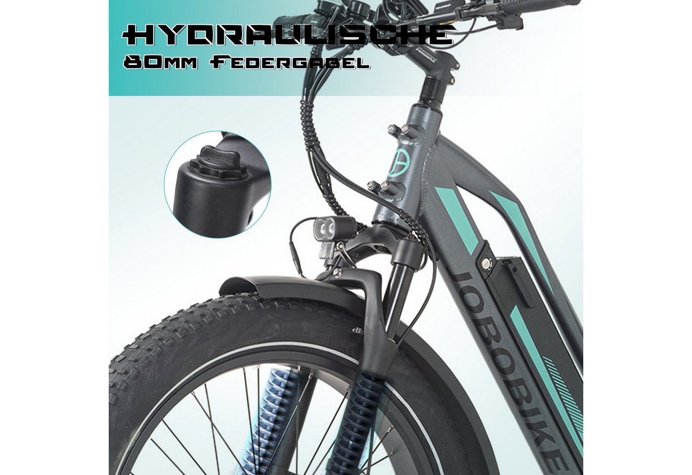 JOBOBIKE E-Bike Mountainbike 26 Zoll, 4'' Fatbike-Reifen mit Pannenschutz, für Outdoor-Abenteuer, 7 Gang Shimano, Kettenschaltung, Heckmotor, 840 Wh, (5 Stufen, LCD-Farbdisplay, Bremslicht- und Blinker), 180km, Gefederte Sattelstütze, MTB, Elektrofahrrad für Damen Herren Bild 4