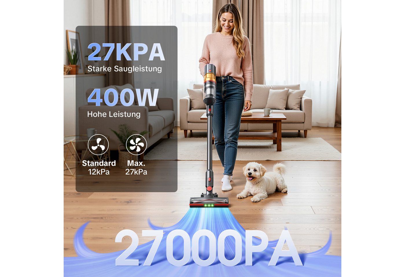 lubluelu Akku-Hand-und Stielstaubsauger X1000 Kabelloser Akku Staubsauger mit 2,5L Absaugstation 27kPA, 400 W, mit Beutel, Anti-Tangle-Bodenbürste / mit Auto Empty Funktion und Duftbox