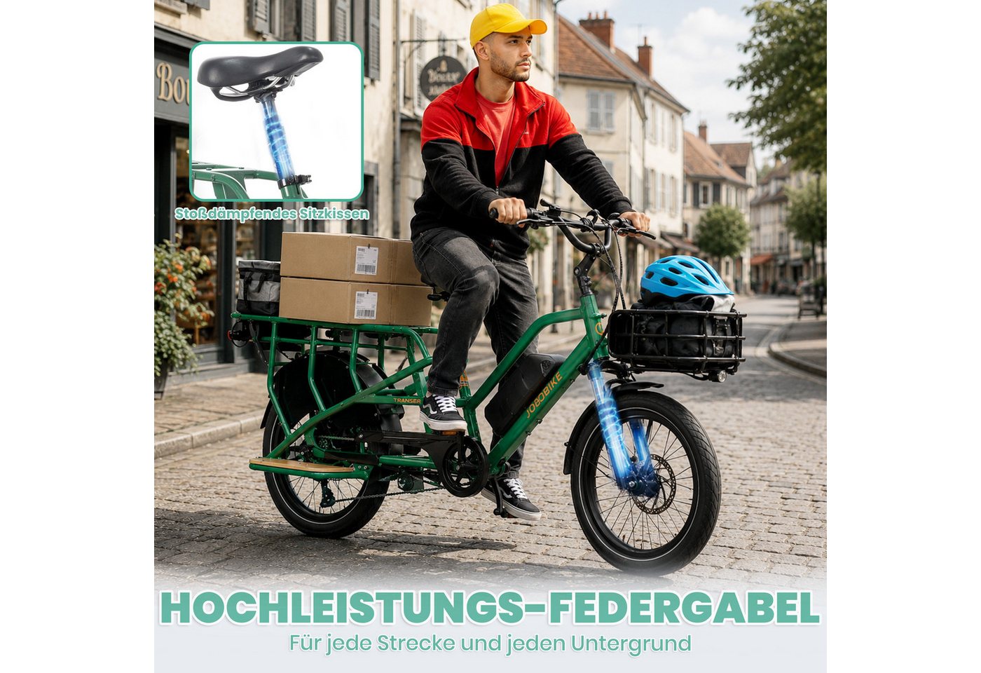 JOBOBIKE E-Bike Cargo 20 Zoll, 150km, bis 200 kg, Lastenrad für Familie, Einkauf & Alltag, 7 Gang Shimano, Kettenschaltung, Heckmotor, 720 Wh, (Bremslicht, Farb-LCD-Display, Doppelbein-Ständer, Drehmomentsensor), mit Federsattelstütze, E-Lastenrad Longtail, Elektrofahrrad Bild 2