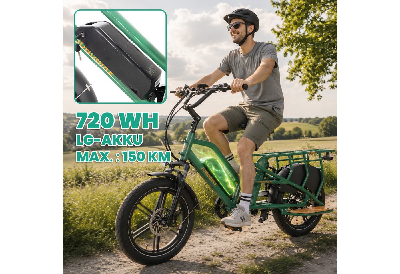 JOBOBIKE E-Bike Cargo 20 Zoll, 150km, bis 200 kg, Lastenrad für Familie, Einkauf & Alltag, 7 Gang Shimano, Kettenschaltung, Heckmotor, 720 Wh, (Bremslicht, Farb-LCD-Display, Doppelbein-Ständer, Drehmomentsensor), mit Federsattelstütze, E-Lastenrad Longtail, Elektrofahrrad Bild 3