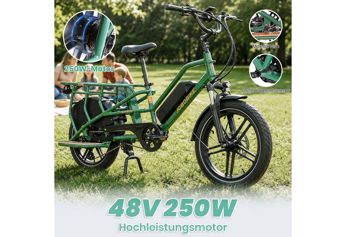 JOBOBIKE E-Bike Cargo 20 Zoll, 150km, bis 200 kg, Lastenrad für Familie, Einkauf & Alltag, 7 Gang Shimano, Kettenschaltung, Heckmotor, 720 Wh, (Bremslicht, Farb-LCD-Display, Doppelbein-Ständer, Drehmomentsensor), mit Federsattelstütze, E-Lastenrad Longtail, Elektrofahrrad Bild 4