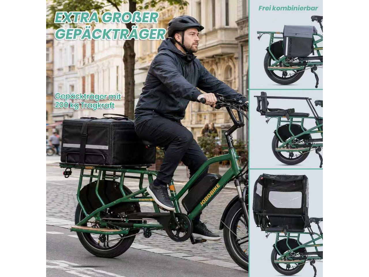 JOBOBIKE E-Bike Cargo 20 Zoll, 150km, bis 200 kg, Lastenrad für Familie, Einkauf & Alltag, 7 Gang Shimano, Kettenschaltung, Heckmotor, 720 Wh, (Bremslicht, Farb-LCD-Display, Doppelbein-Ständer, Drehmomentsensor), mit Federsattelst ütze, E-Lastenrad Longtail, Elektrofahrrad Bild 5