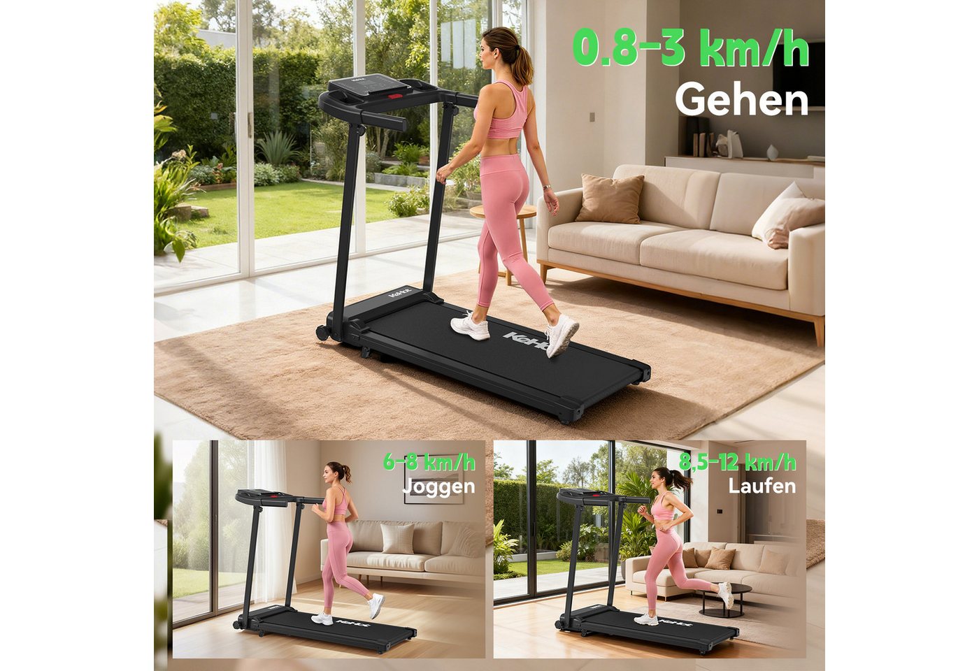 kehot Laufband Laufband klappbar mit 8% Steigung – bis 12 km/h Fitnessgerät (2,5 PS Motor und 38 × 100 cm Lauffläche für Walking & Jogging, Bis 136 kg belastbar mit Dämpfung für komfortables Heimtraining), 12 Programme, LED-Display und FITSHOW App für flexible Workouts