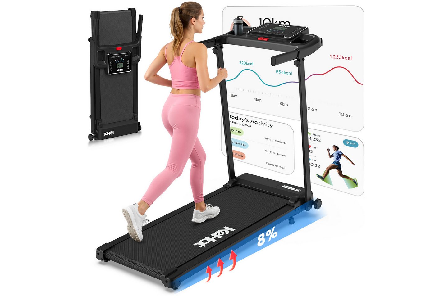 kehot Laufband Laufband klappbar mit 8% Steigung – bis 12 km/h Fitnessgerät (2,5 PS Motor und 38 × 100 cm Lauffläche für Walking & Jogging, Bis 136 kg belastbar mit Dämpfung für komfortables Heimtraining), 12 Programme, LED-Display und FITSHOW App für flexible Workouts Bild 4