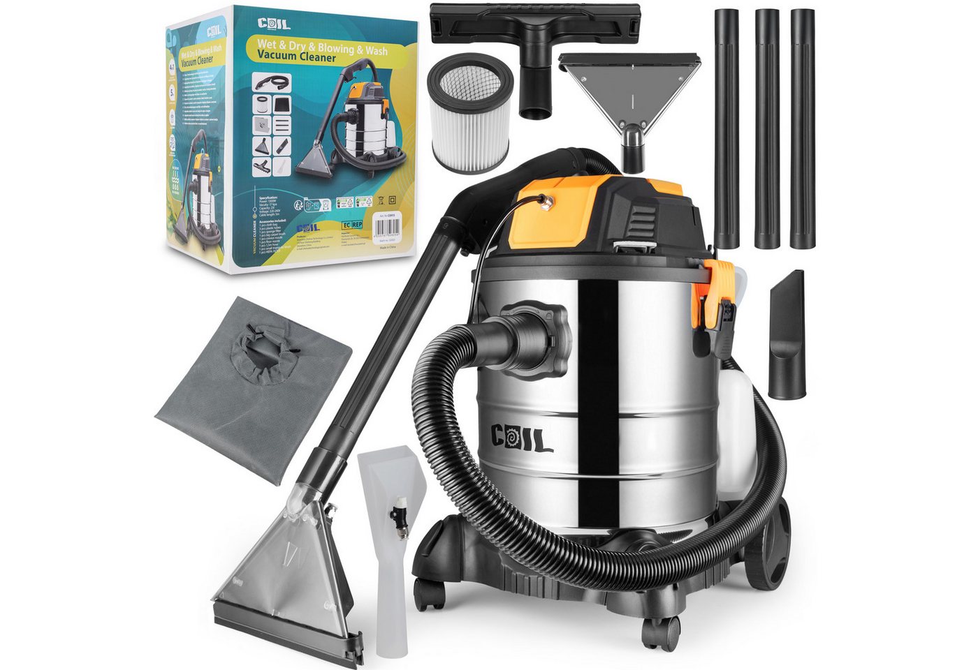 COIL Nass-Trocken-Sauger Waschsauger, 4-in-1, Teppichreiniger, 19 kPa, 5L Wassertank, 1300 W, beutellos, mit Sprühfunktion & Blasfunktion, 25L, Filterreinigungsfunktion