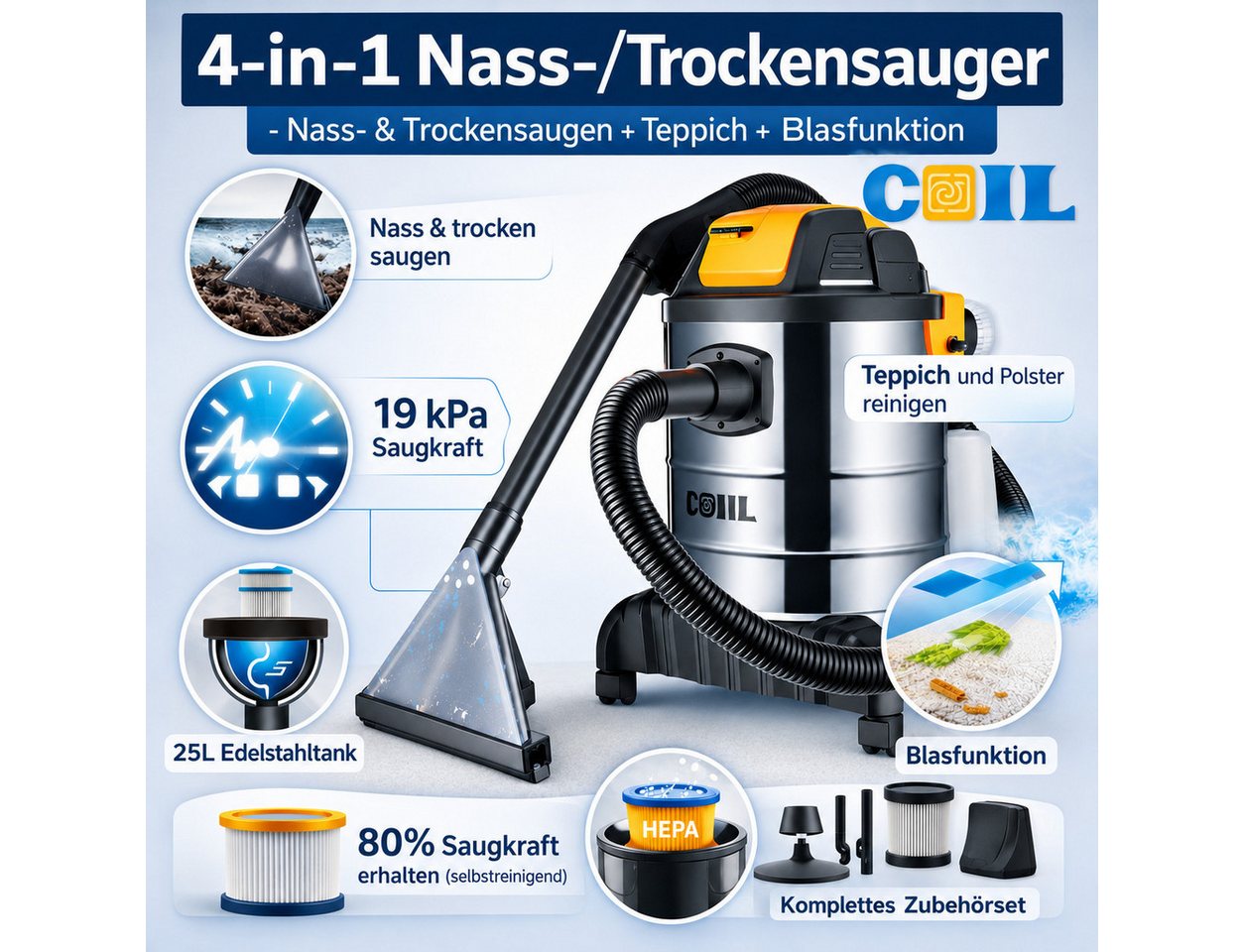 COIL Nass-Trocken-Sauger Waschsauger, 4-in-1, Teppichreiniger, 19 kPa, 5L Wassertank, 1300 W, beutellos, mit Sprühfunktion & Blasfunktion, 25L, Filterreinigungsfunktion Bild 5
