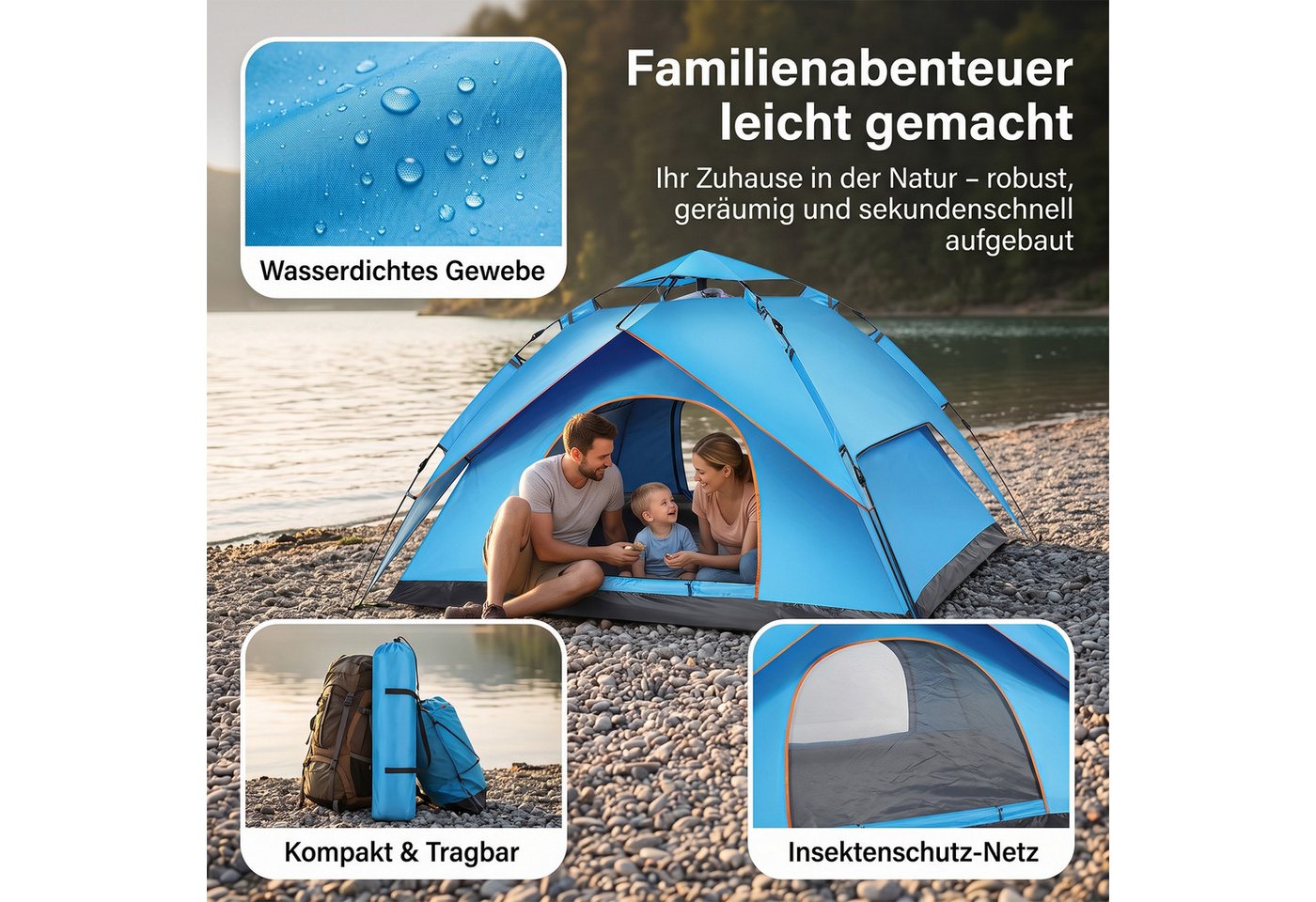 AKKEE Kuppelzelt Automatik-Strandmuschel 3–4 Personen, wasserdicht und UV-beständig, Personen: 3, Pop Up Campingzelt 200 x 200 x 130 cm Bild 3