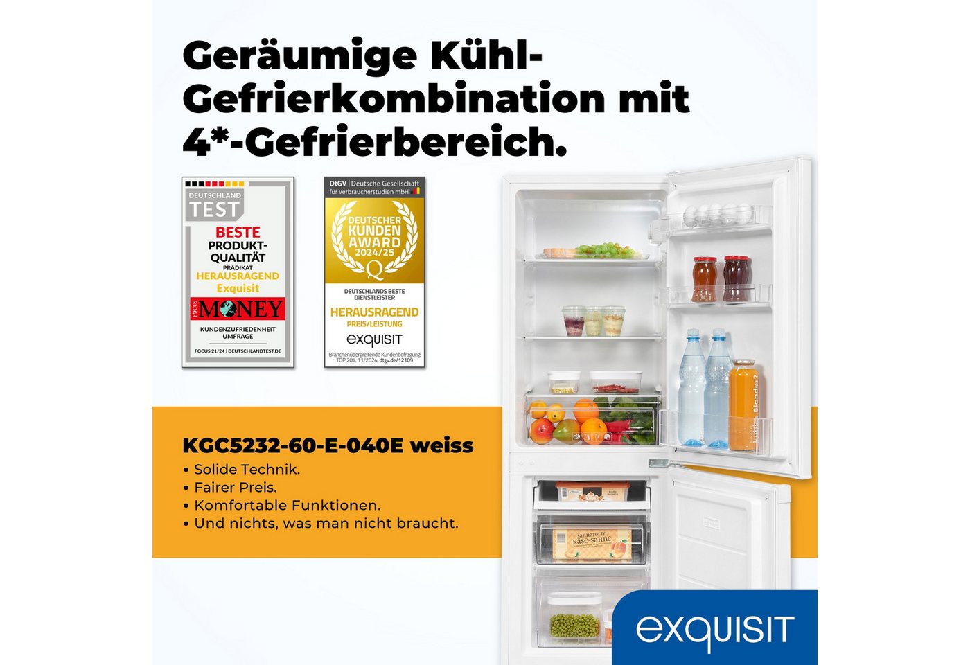 exquisit Kühl-/Gefrierkombination KGC5232-60-E-040E, 142.5 cm hoch, 49.5 cm breit