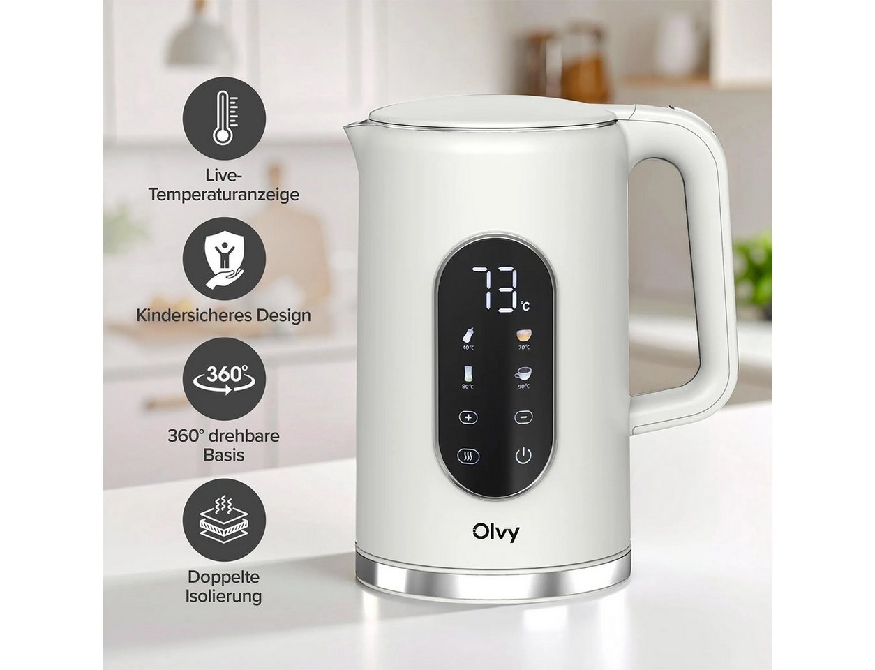 Olvy Wasserkocher Olvy Wasserkocher Creme, Temperatureinstellung 1.7L