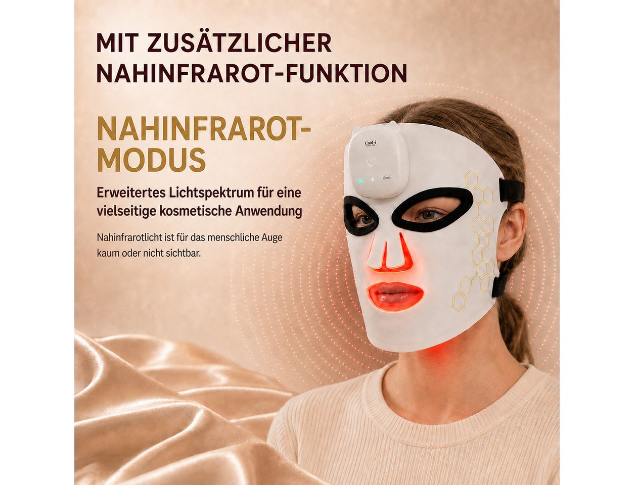 COOL-i ® Kosmetikbehandlungsgerät LED Gesichtsmaske kabellos mit Nahinfrarot, mehreren Lichtmodi, Timer und USB Aufladung Bild 2